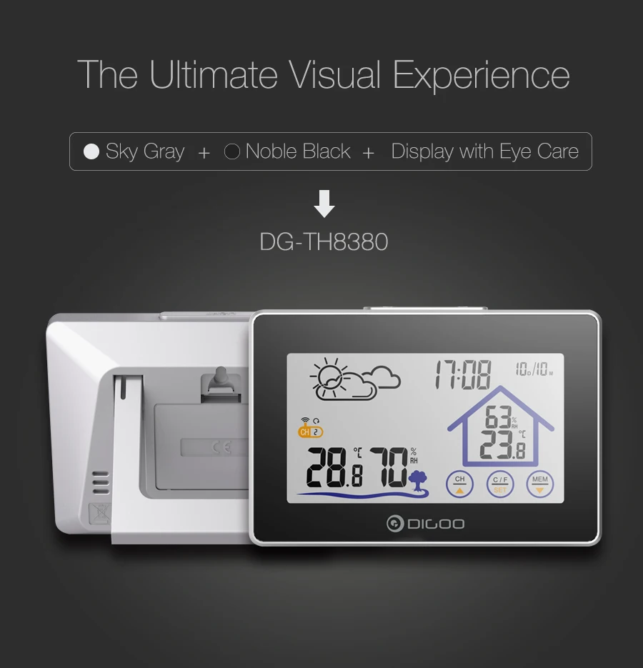Digoo, DG-TH8380, цветной экран, метеостанция, термометр, гигрометр, измеритель, датчик погоды, для помещений и улицы, датчик, будильник