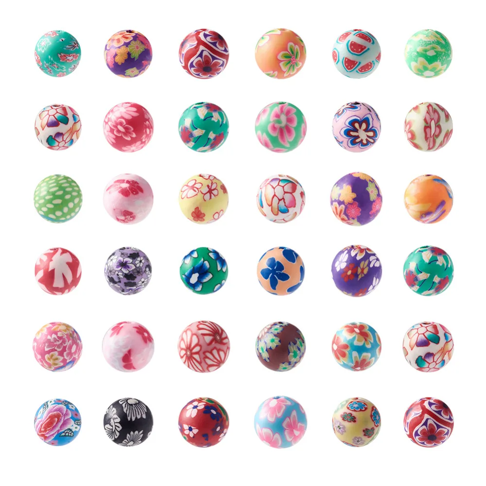 

50~100pcs/Lot Round Flower Printing Handmade Polymer Clay Beads Mixed Color Size:8mm 10mm 12mm 14mm in Diameter,Hole: 2mm