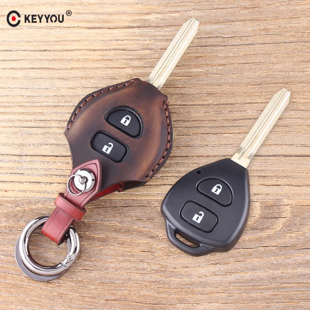KEYYOU 2 кнопки дистанционного Fob кожаный чехол для ключей автомобиля TOYOTA Rav4 Corolla Hilux