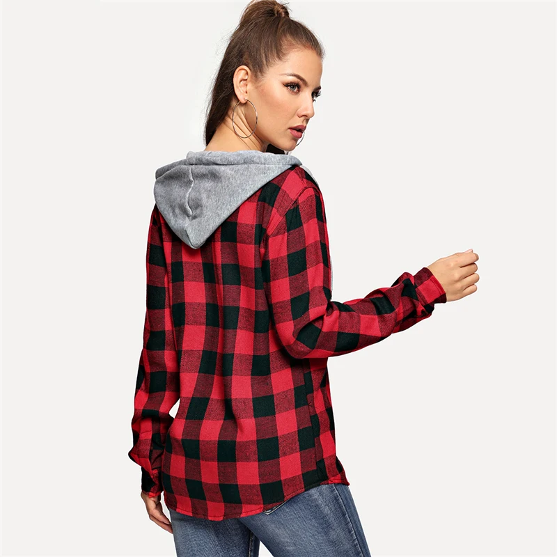 

Cool Men's Red Gingham Hooded Shirt Long Sleeve Mankind Fashion Men Clothing Casual Tops Male Drawstring Shirts Men & Women