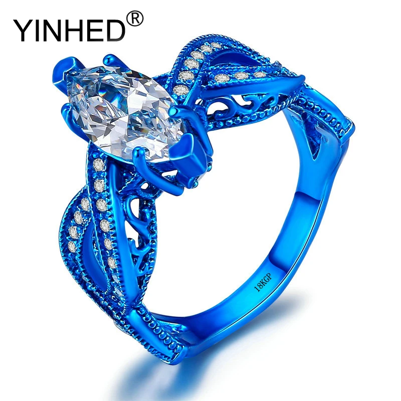 YINHED Роскошные Большие 18KGP синие золотые модные ювелирные кольца для женщин