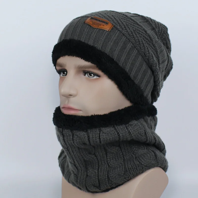 Set Gray Зимние шапочки Для женщин Для мужчин модные однотонные внутри толстый теплый трикотаж зимняя шапка Кепки шарф наборы Skullies капот шарф комплекты - Цвет: Set Gray