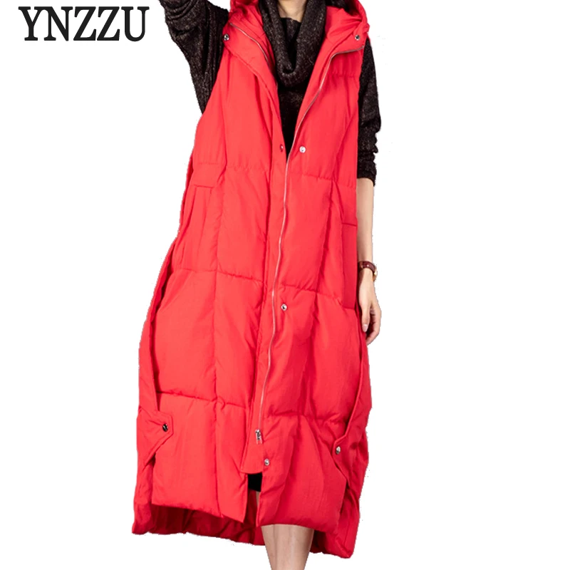 

YNZZU Vintage Autumn Winter Women Down Vest Solid Color Long Style Elegant Female Waistcoat Hooded Warm Parka Outwear New YO650