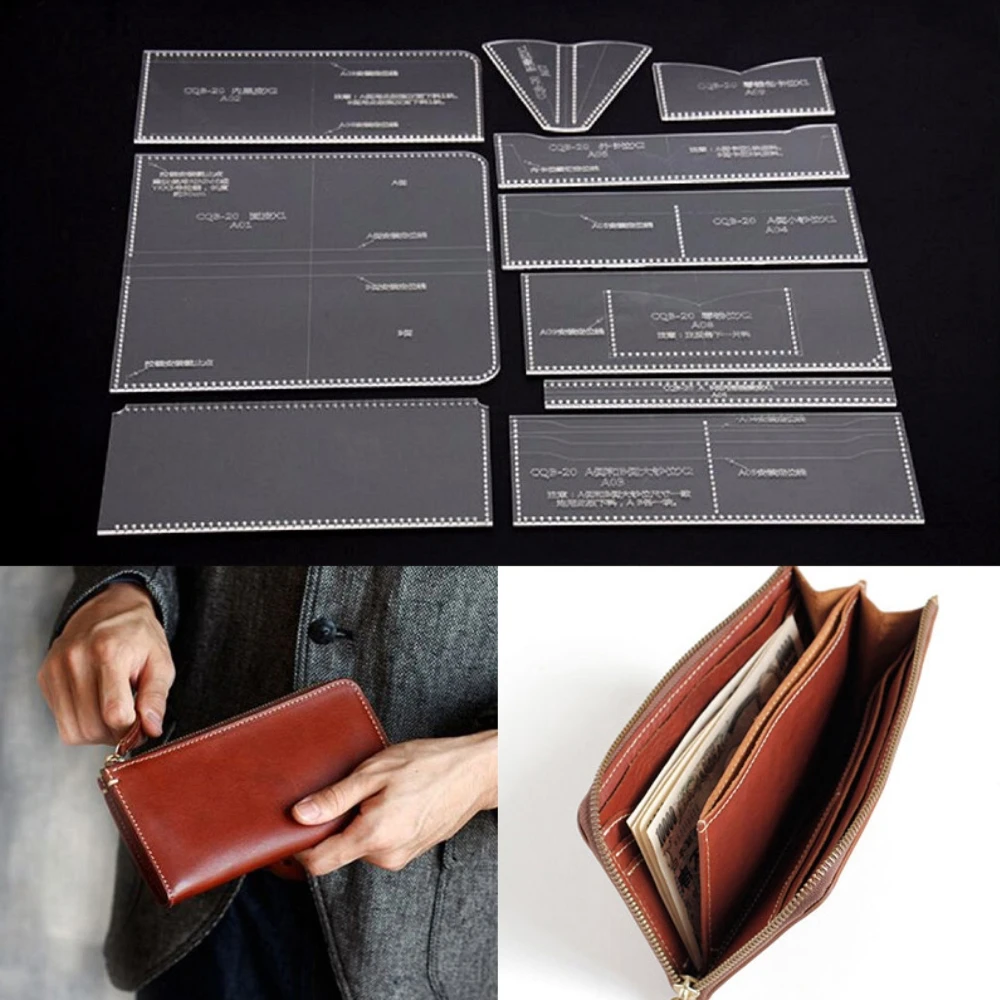 

10 Pcs DIY Leather Craft Acrylic Long Zip Wallet Purse Pattern Template Stencil
