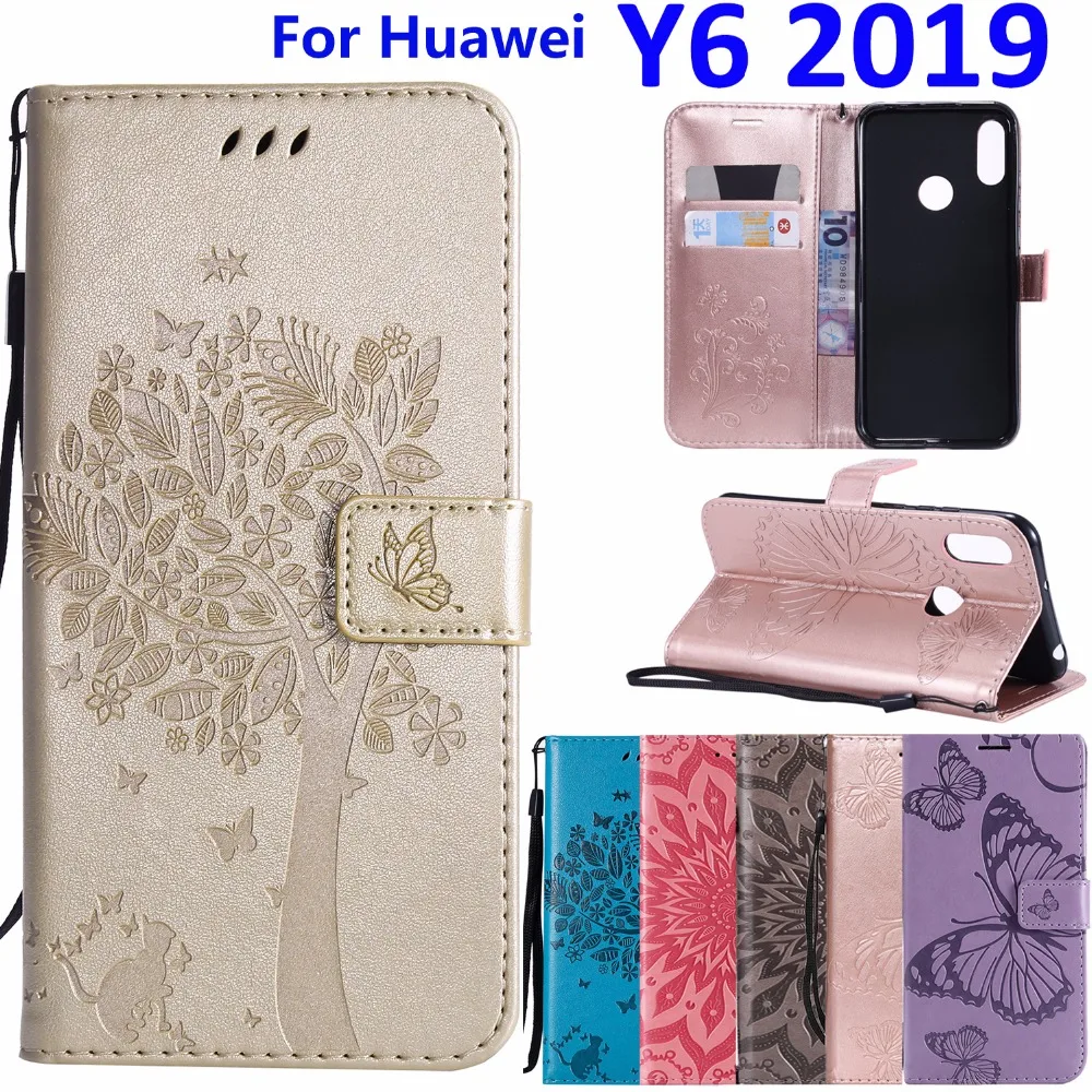 Чехол для телефона Huawei Y6 2019 кожаный чехол Pro с 3D деревом котом подсолнухом