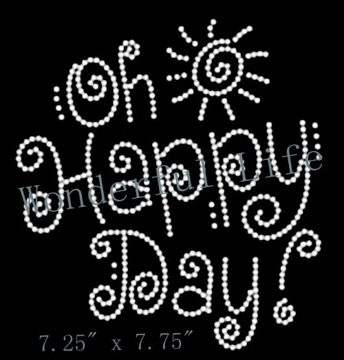 

Free Shipping happy day words with sun white clear crystal rhinestone transfer designs for garment heat transfer design