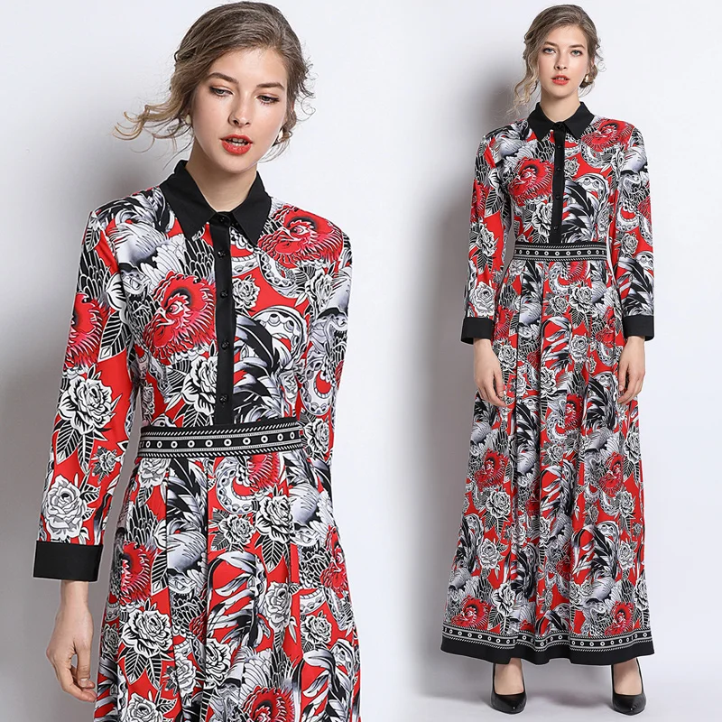Fashion Summer Long Dress 2019 Women's Turn Down Collar Sleeve Flower Printed Patchwork Vintage Ethnic Maxi Vestidos | Женская