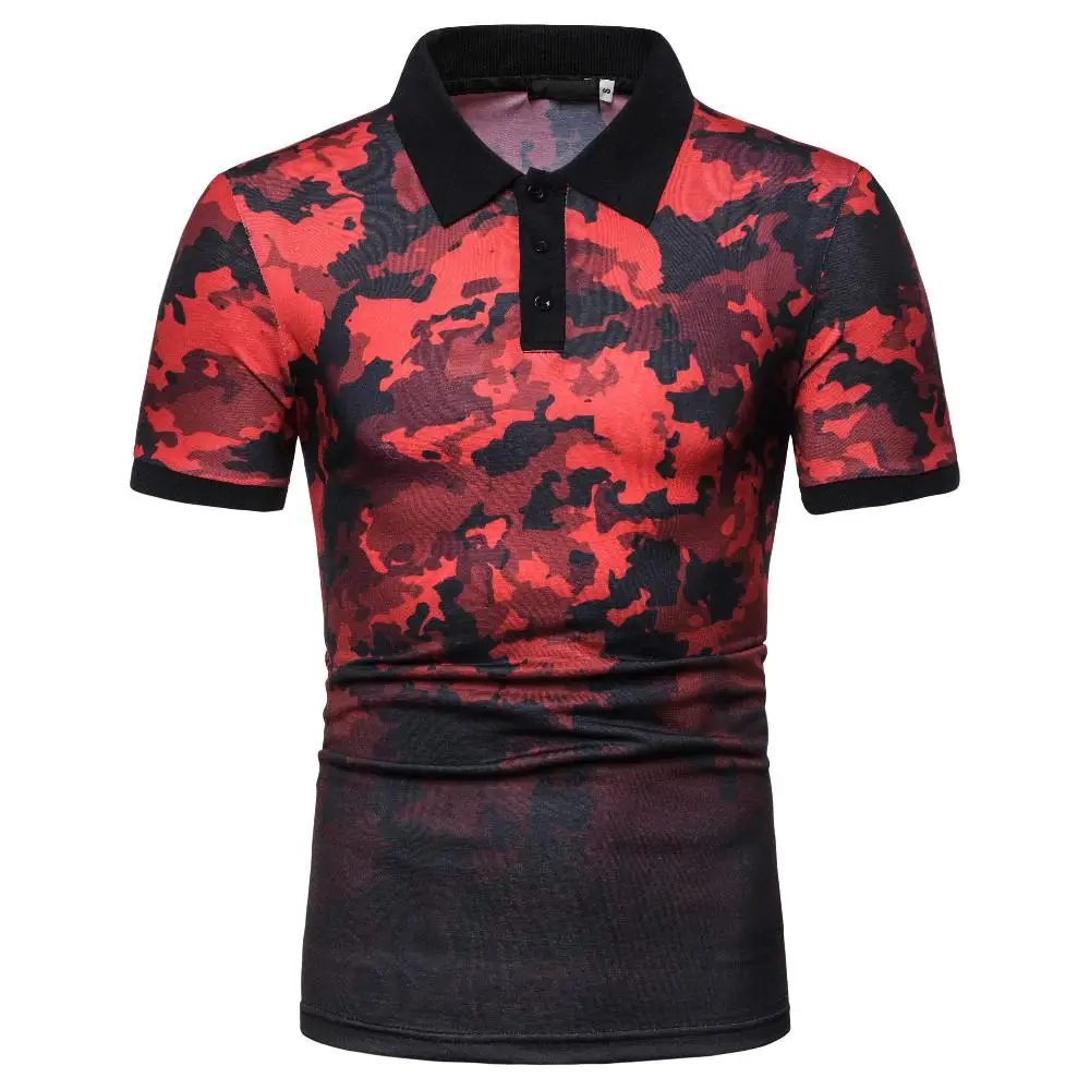 

Casual Men's clothing Lapel Polo Shirt Men Camouflage printed Short-sleeved Fashion Men Polo Shirt Summer New Red Blue