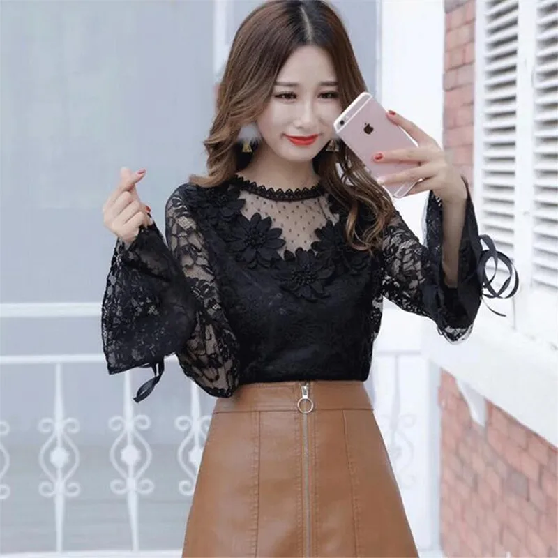 2018 весенне-Летняя женская рубашка милый галстук-бабочка цветочная кружевная