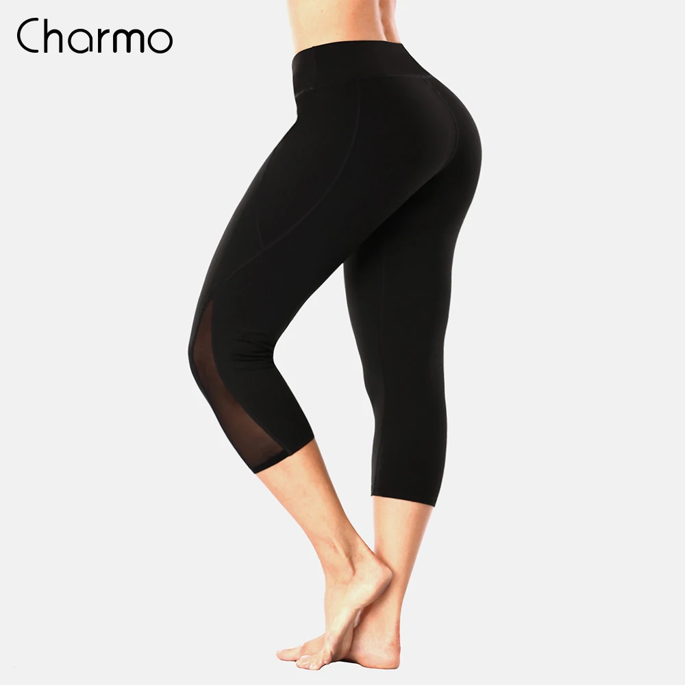 

Charmo Women Yoga Pants Women Slim High Waist Sports Pants Lace Mesh Gym Fitness Elastic Trousers Running Calf Length Pants