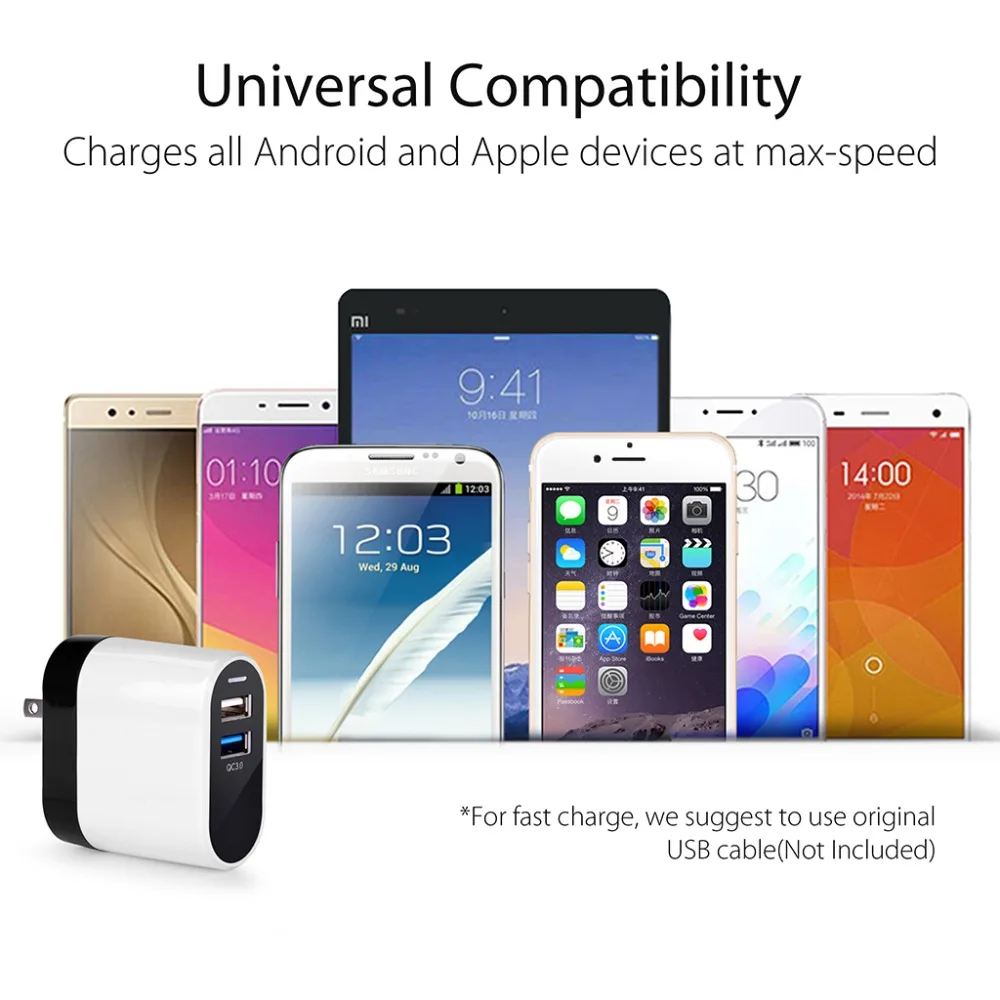 QC3.0 Быстрая зарядка 23 Вт/4.5A 2-портовое USB настенное зарядное устройство-TR603 |