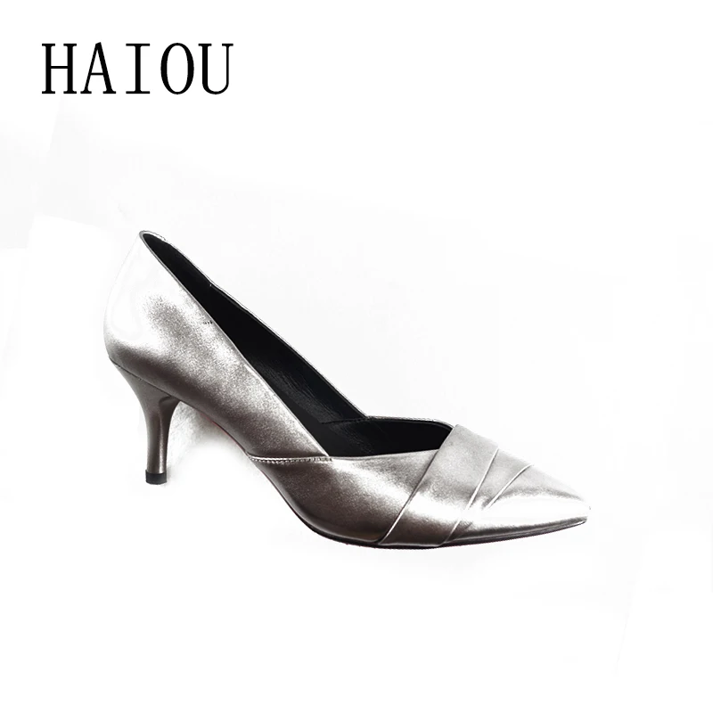 Haiou/брендовые Лидер продаж Серебристые туфли на высоком каблуке 2017 новые острый