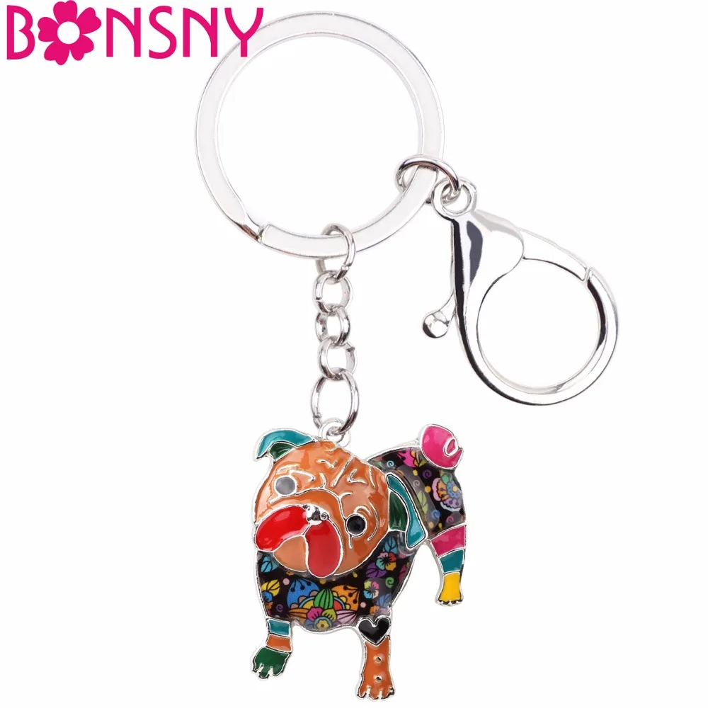 

Bonsny Enamel Alloy Bulldog Pug Dog Key Chain Keychains Ring Fashion Jewelry For Women Girls Pet Lovers Gift Bag Pendant Car New