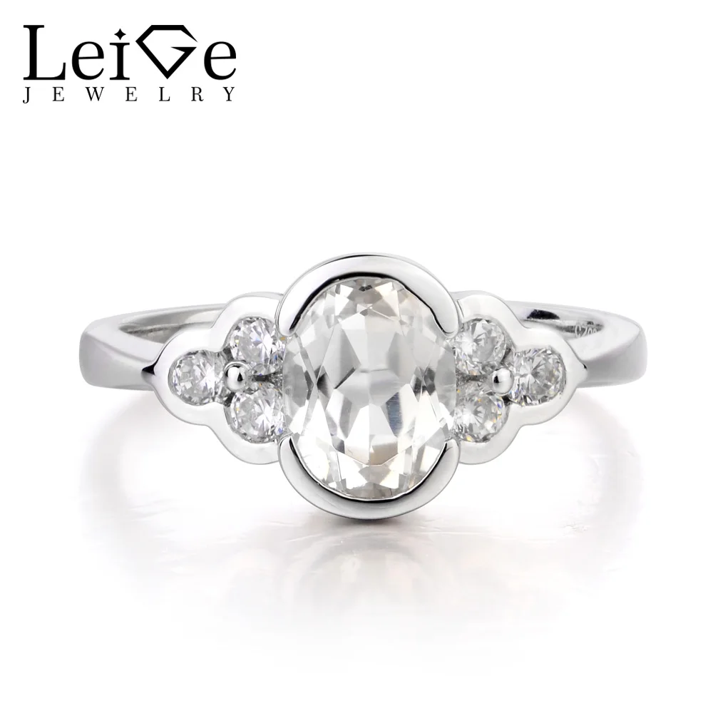 

Leige Jewelry Wedding Ring Natural White Topaz Ring November Birthstone Oval Cut Gemstone 925 Sterling Silver Romantic Gifts