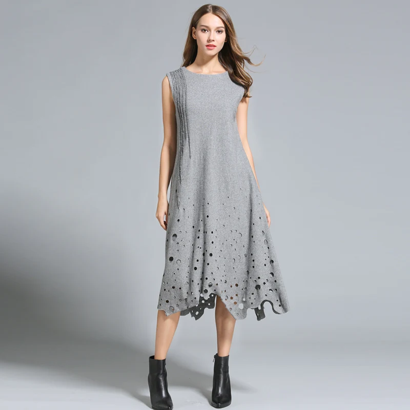 Осенне зимние женские платья без рукавов ажурные Длинные свободные стильные