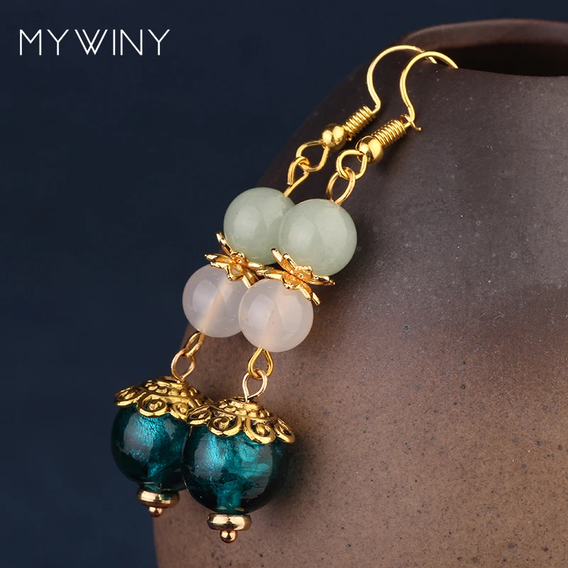 MYWINY природа камни Висячие этнические блестящие серьги из авантюрина винтажная