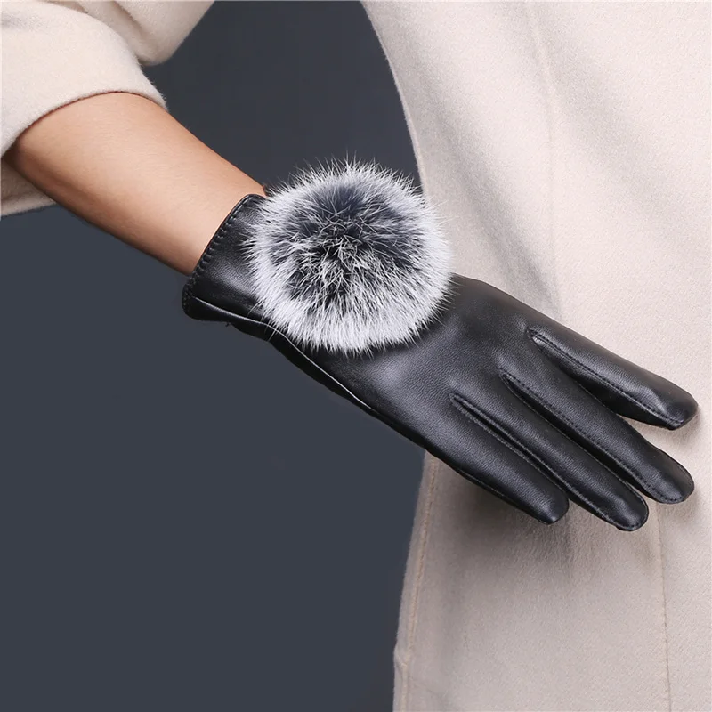 Женские милые перчатки из искусственной кожи с кроличьим мехом, осенне-зимние Утепленные модные корейские велосипедные перчатки с сенсорн... от AliExpress WW
