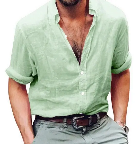 Мужская Однотонная рубашка с длинным рукавом и воротником стойкой Повседневная