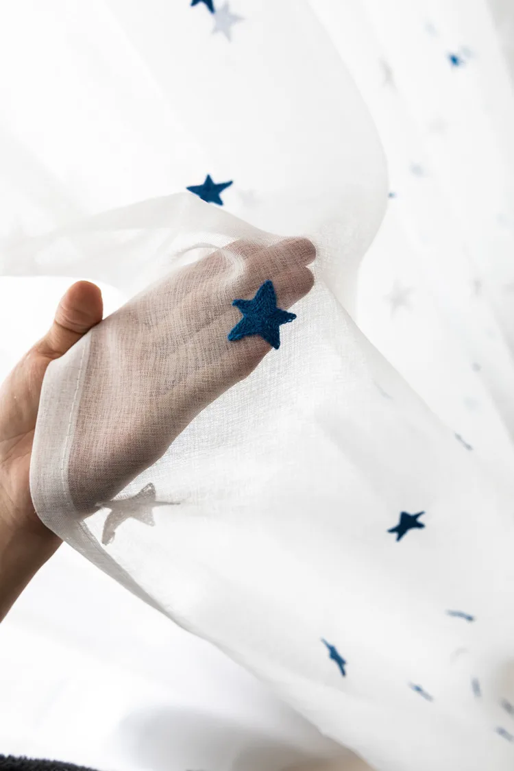 Embroidered Blue Star Tulle Curtains For Living Room Soft Sheer Curtains For Window Bedroom Curtains Fabrics Drapes 300&30