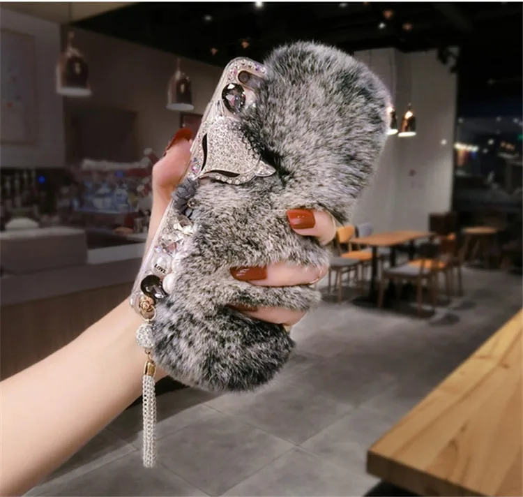 Luxury Bling Rhinestone Fluffy Warm Rabbit Fur Hair Phone Case For Xiaomi Redmi8 9 8A 9A 9C 10X Pro Note 8T 9T 8 10 4G 5G | Мобильные
