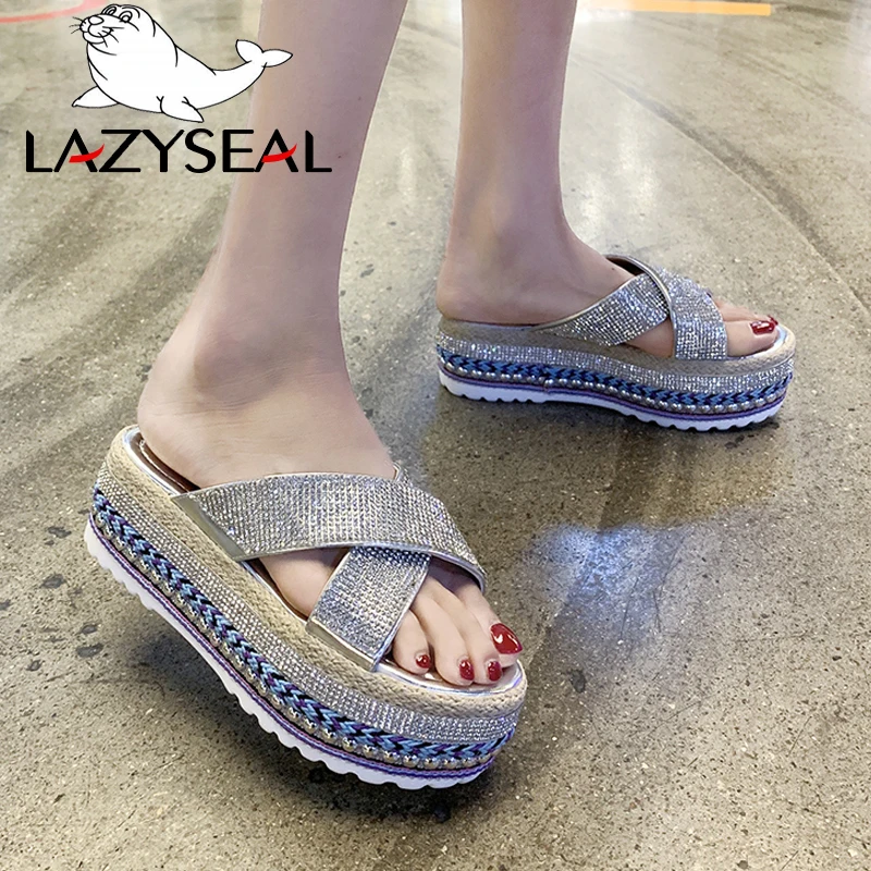 Сланцы LazySeal женские плоская подошва прозрачная пенька высокий каблук шлепанцы