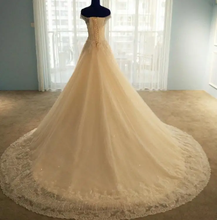 BANVASAC Real Photos Boat Neck A Line Lace Appliques Wedding Dresses 2018 Short Cap Sleeve Plus Size Court Train Bridal Gowns | Свадьбы и