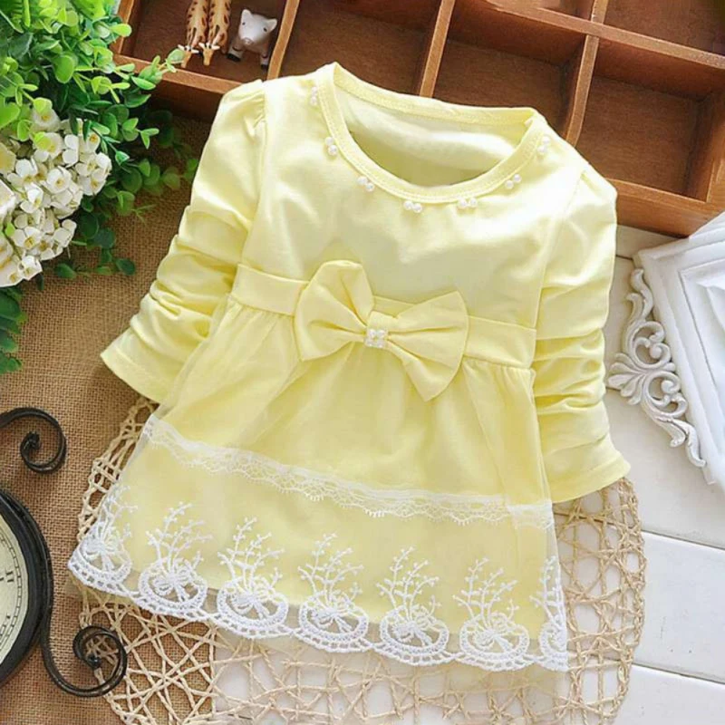 2017 осеннее кружевное платье с длинными рукавами и бантом для маленьких девочек