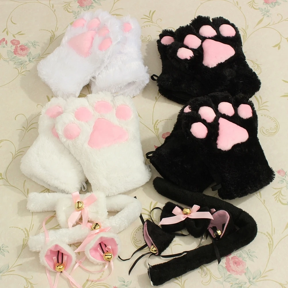 Kawaii милый котенок кошачьи уши Neko перчатки горничной лапы уши хвост галстук вечерние плюшевые лапы коготь аниме Cos кошки перчатки с ушками набор#1106