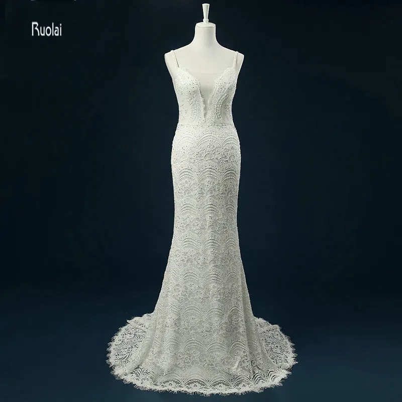 

Elegant 2017 Sheath Lace Wedding Dress Scoop Bow Open Back Sweep Train Spaghetti Strap Beading Bridal Gown Sleeveless Customize