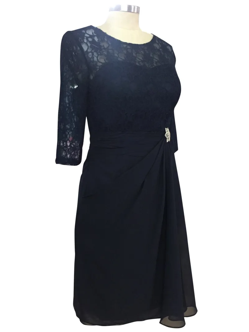 Темно синие по колено для матери невесты платье с рукавами три четверти Винтаж