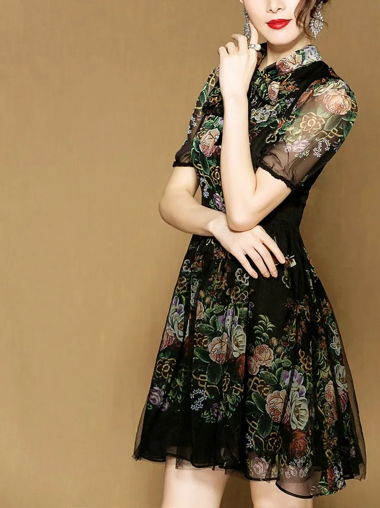 Danmunier Лето 2017 г. Фонари рукавом шифон платье с принтом свободное 1381|chiffon print dresses|swing