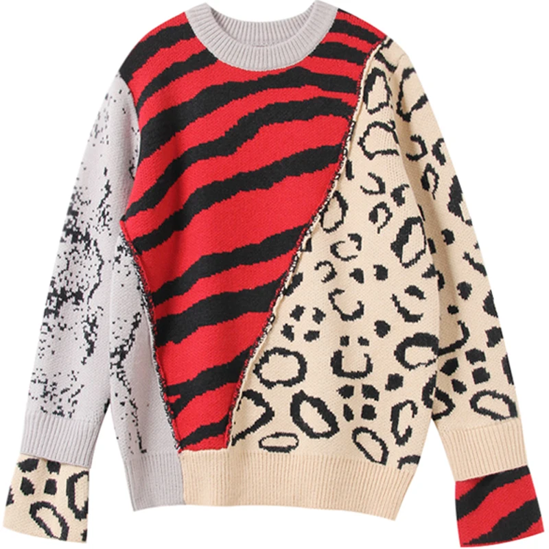 7Mang 2019 Streetwear Contrast Color Vintage Leopard Sweater Women Long Sleeve Korean Loose Harajuku Knit Pullover 0102 | Женская одежда