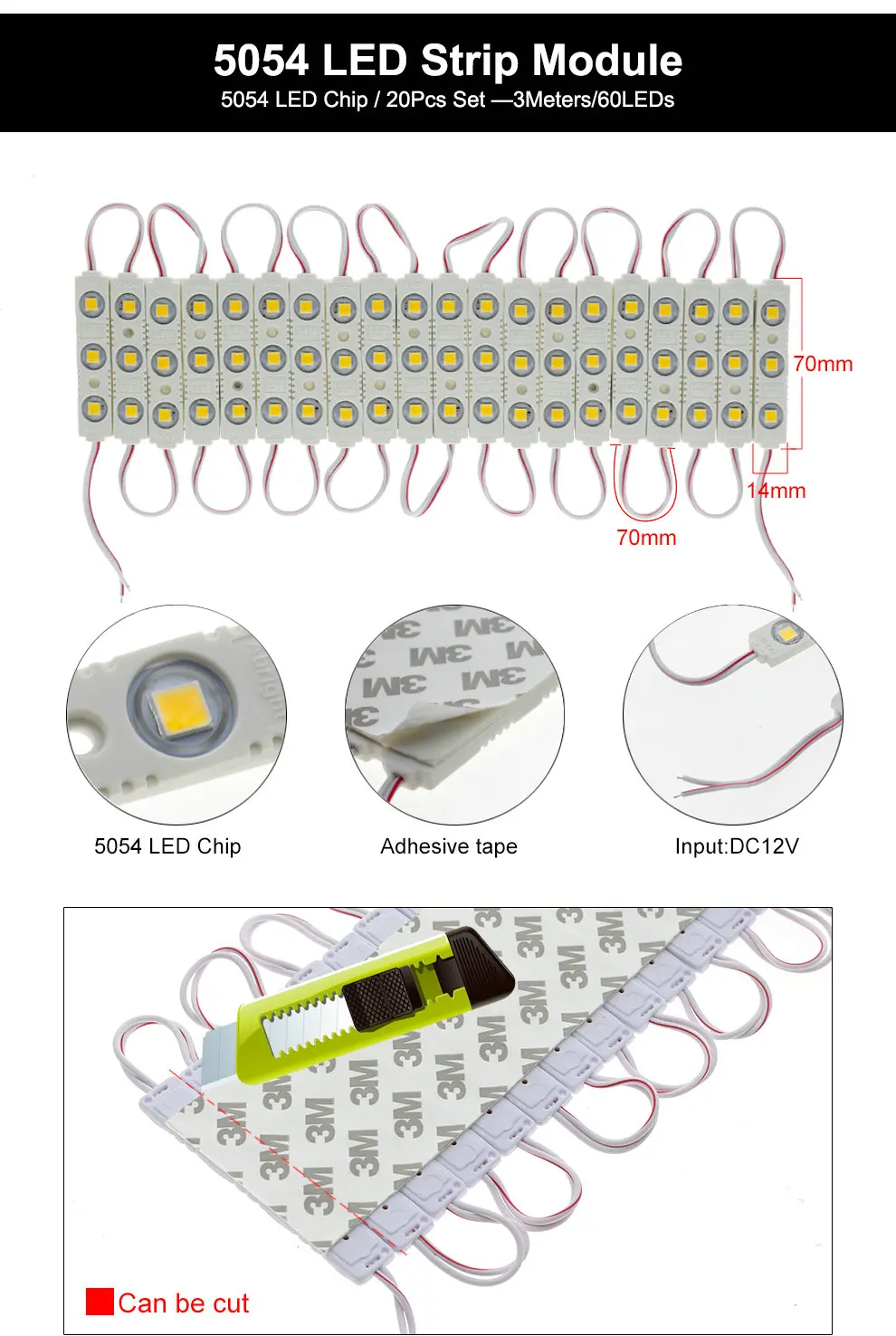 LED Module 3LEDs High Brightness 5054 / RGB 5050 DC12V Waterproof for Outdoor Advertising Luminous Signs Lightbox 20Pcs/Lot
