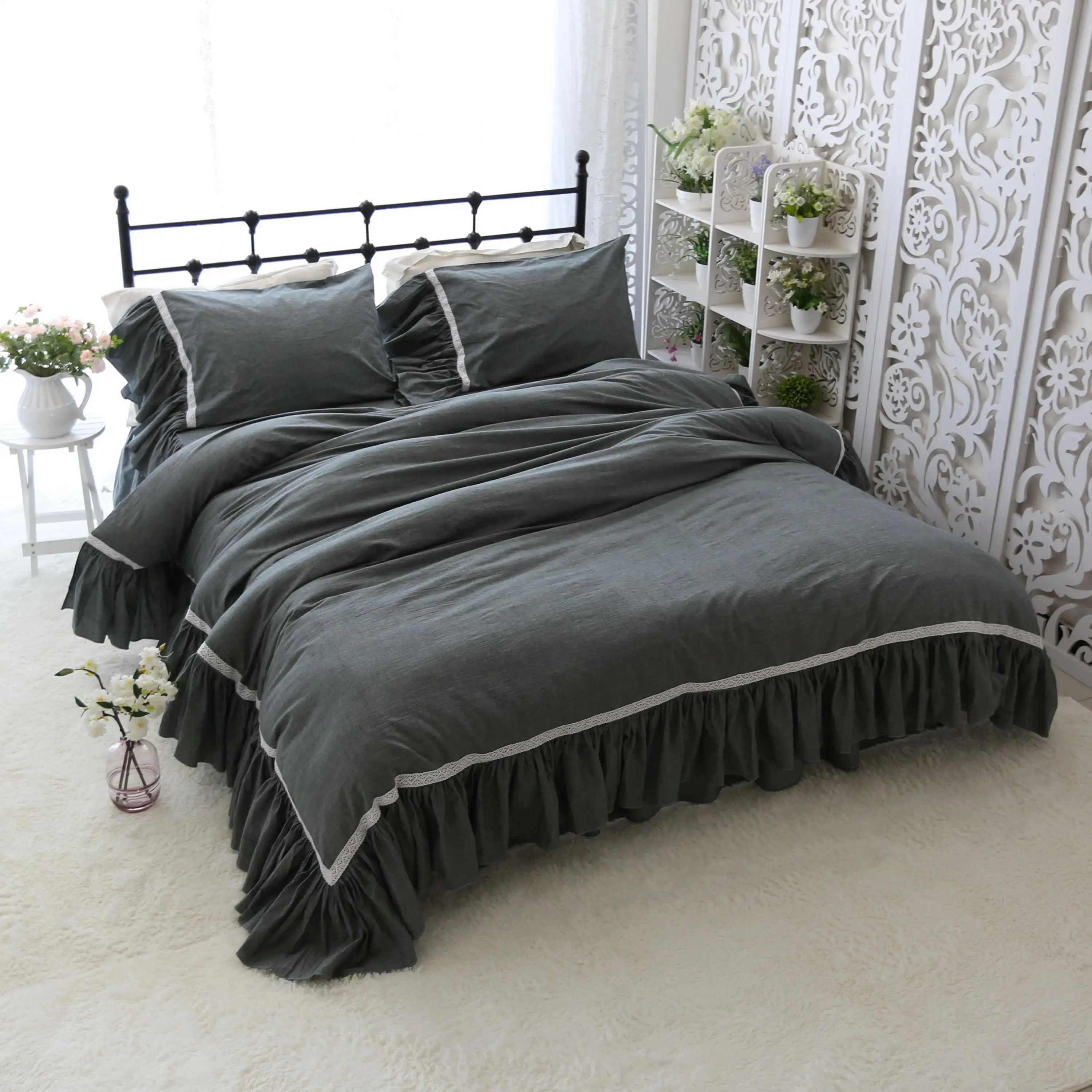 

Deep Grey Wide Ruffles Duvet Cover 100%Washed Cotton Shabby Soft Bedding Sets Bedskirt Pillowshams Queen King Twin size 4Pcs