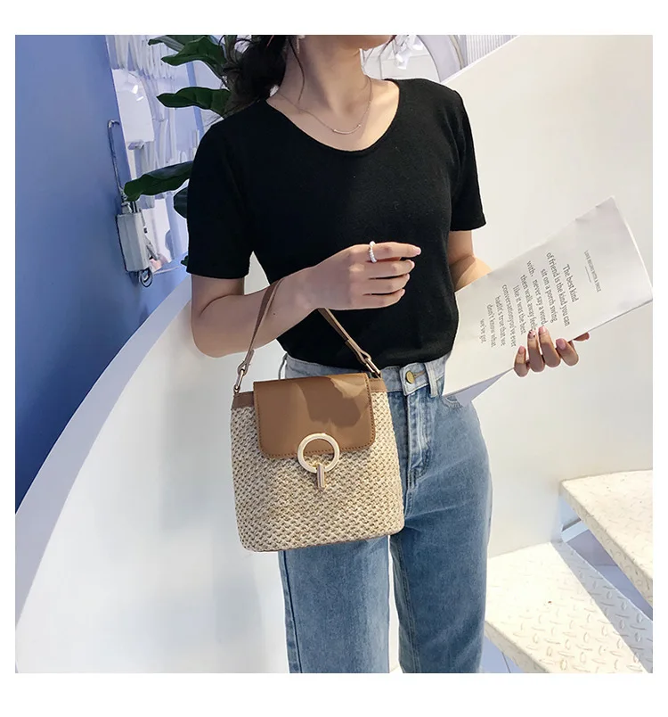 Женская сумка 2019 из искусственной кожи с замком и соломенной застежкой модная