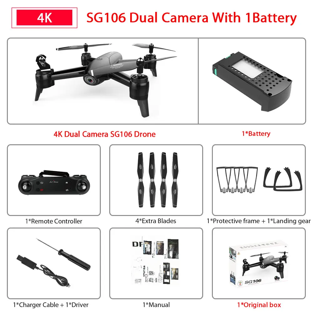 4K Black 1Battery SG106 WiFi FPV Радиоуправляемый Дрон с 720P или 1080P или 4K HD двойной камерой оптический поток воздушный видео Радиоуправляемый квадрокоптер для игрушек Детский Радиоуправляемый Дрон - Цвет: 4K Black 1Battery