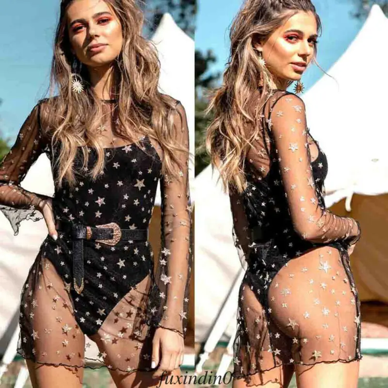 Женское Прозрачное мини платье в стиле бохо прозрачное черное накидка|Женские