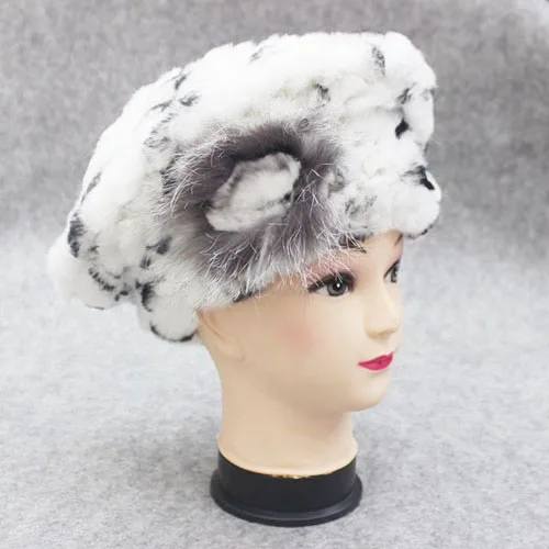 white and black Повседневные женские береты из натурального меха кролика Рекс, зимние теплые шапки из меха кролика Рекс, женские вязаные Эластичные Цветочные шапочки - Цвет: white and black