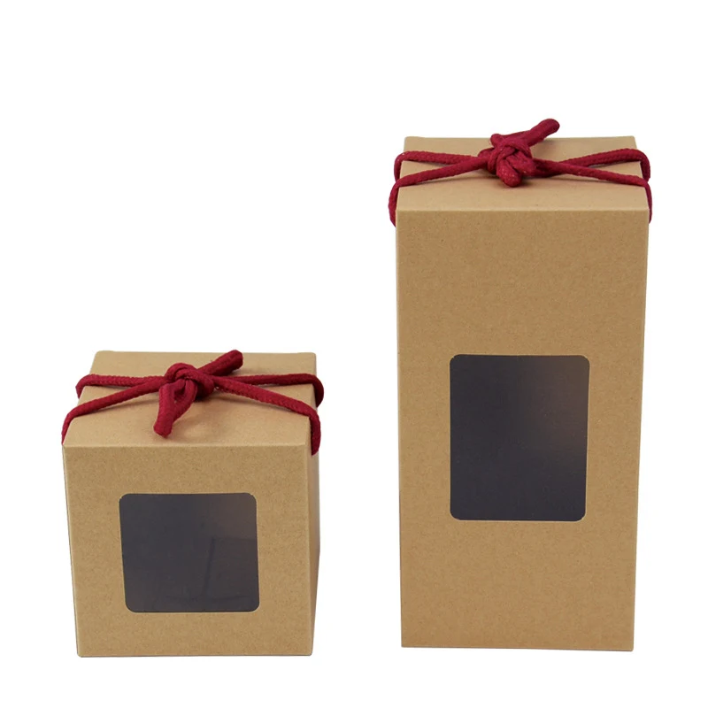 

10pcs/lot Kraft Paper Boxes 2 Size Gift Box With Window Brown Wedding Gift Chocolates Candy Food Packing Box
