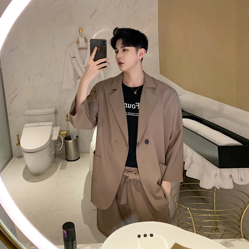 

Мужской пиджак с рукавом 3/4, брюки до колена, тонкий пиджак на одной пуговице, в английском стиле, комплект из 2 предметов, C54, на лето