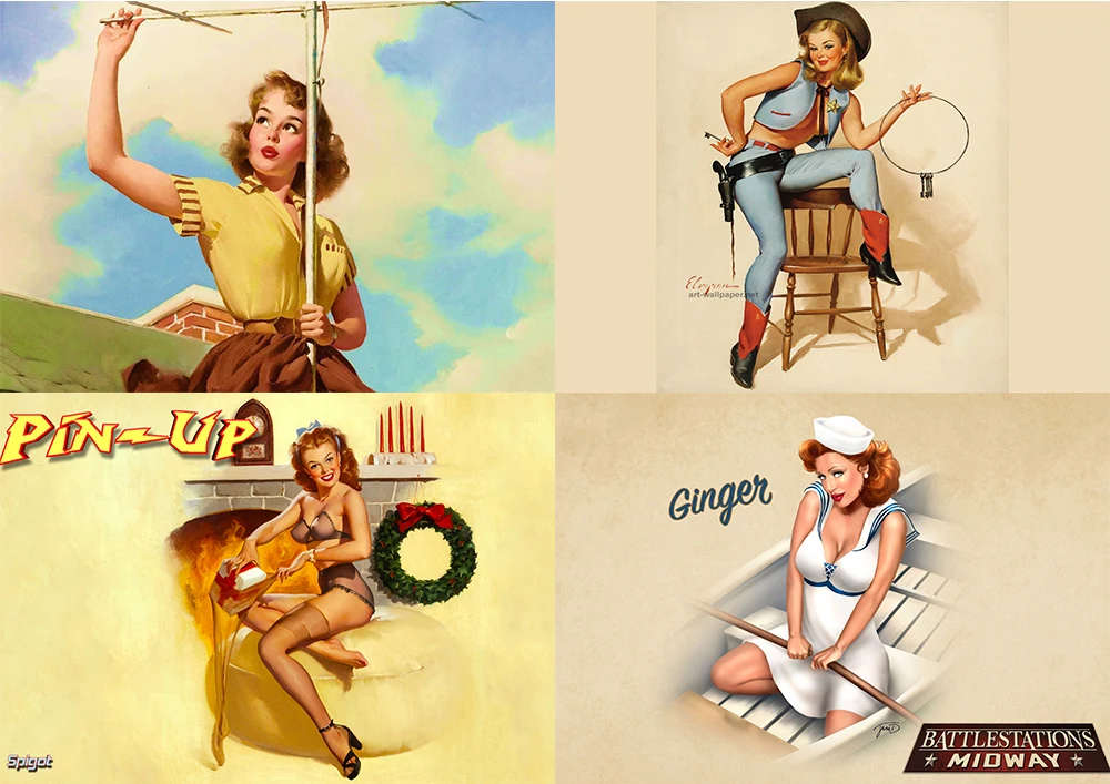 Декоративная стена с ярким принтом девушки с пин-ап-стилем на белом покрытом бумаге.