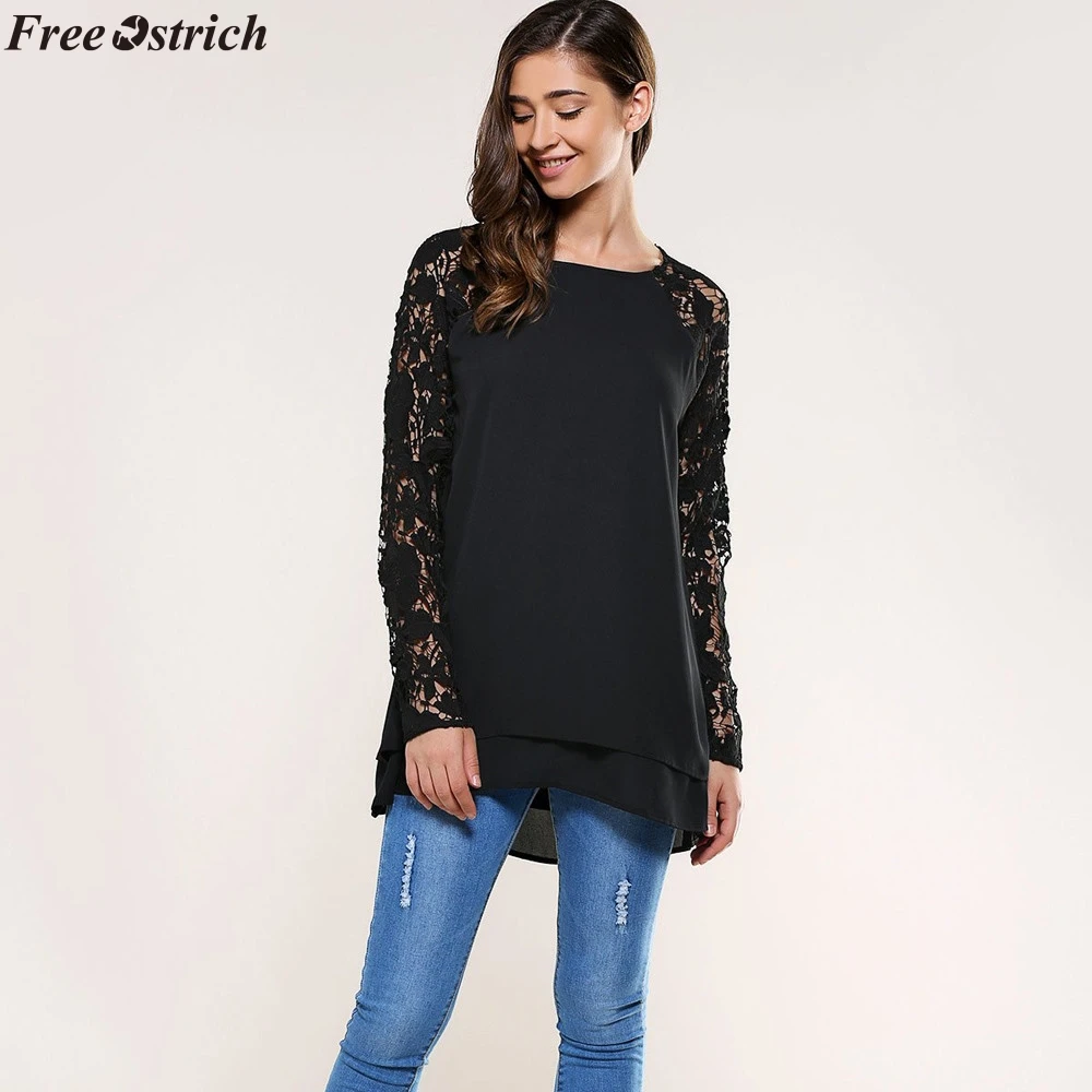 Бесплатная Страусиная Женская Лоскутная кружевная Двухслойная футболка с