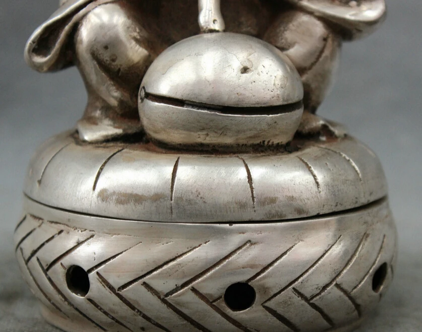 song voge gem S4235 Chinese Silver Buddhism Pray Kid Monk Buddha Statue Box Incense Burner Censer |