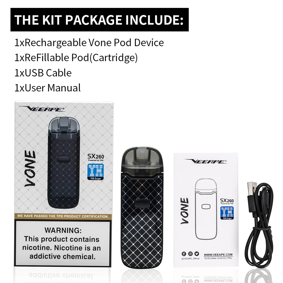 Free Gift! VEEAPE VONE Pod System Vape Kit 1200mAh Battery YIHI SX260 Chip 2.0ml Refillable Pen Vaporizer VS V-POD | Электроника