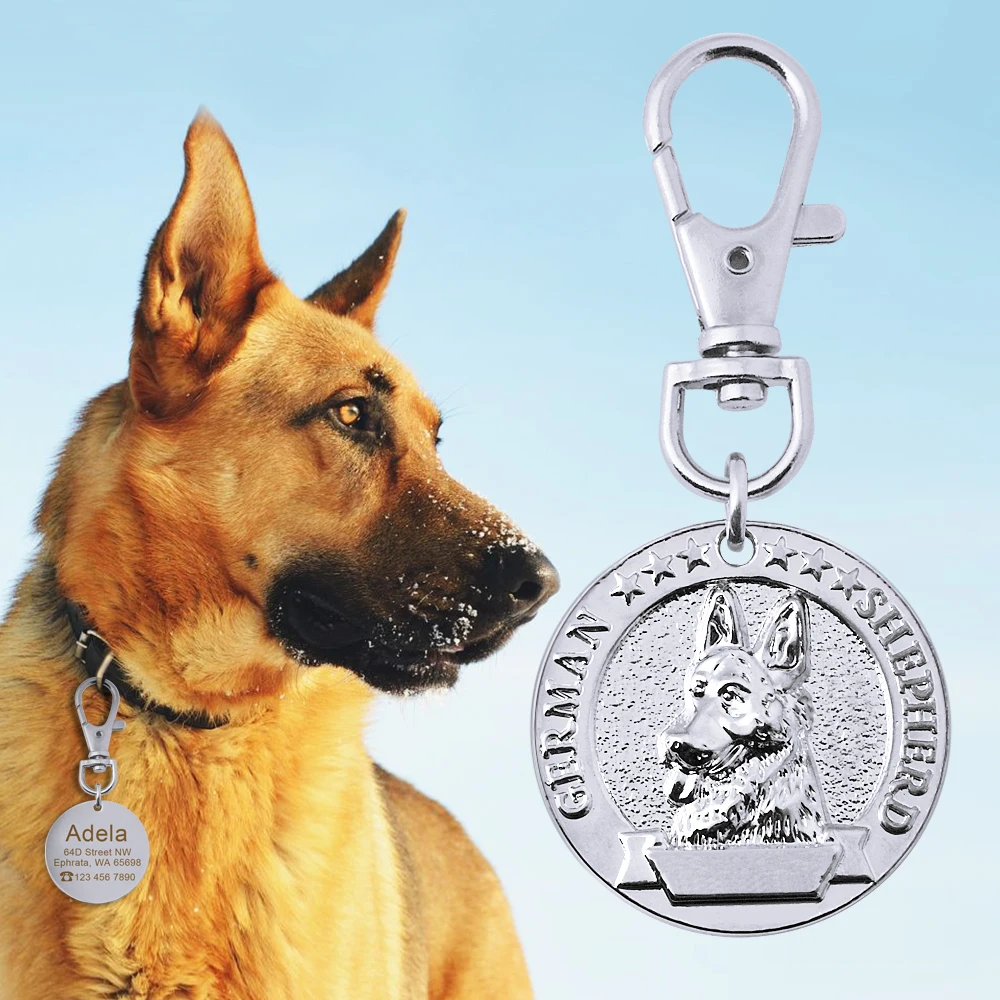 German Shepherd Собачья идентификационная бирка, Выгравированная именная бирка для собак, табличка с именем французского бульдога, анти-потеря, подвеска для домашних животных, аксессуары для собак, подвеска на ошейник - Цвет: German Shepherd