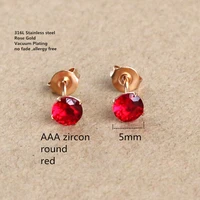titanium stud earrings 5mm red aaa zircon screw 316 l stainless steel rose gold color vacuum plating no fade allergy free