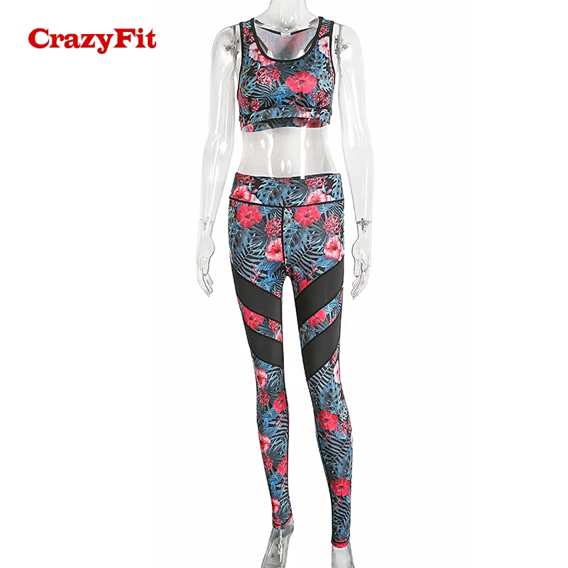 CrazyFit спортивный костюм с цветочным принтом для женщин спортивные костюмы из 2 предметов без рукавов, Одежда Для Бега Спортзала фитнеса, одежда для йоги - Цвет: Floral