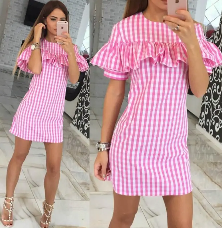 Новые 2017 Летние Платья Женщины Партия Bodycon Элегантный Dress Ruffled Плед vestidos | Женская