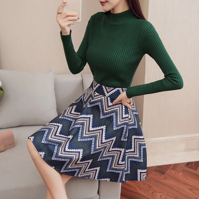 

new winter korean fashion women long sleeve green sweater & print skirt two-piece skirts basic clothes vestidos o neck girl