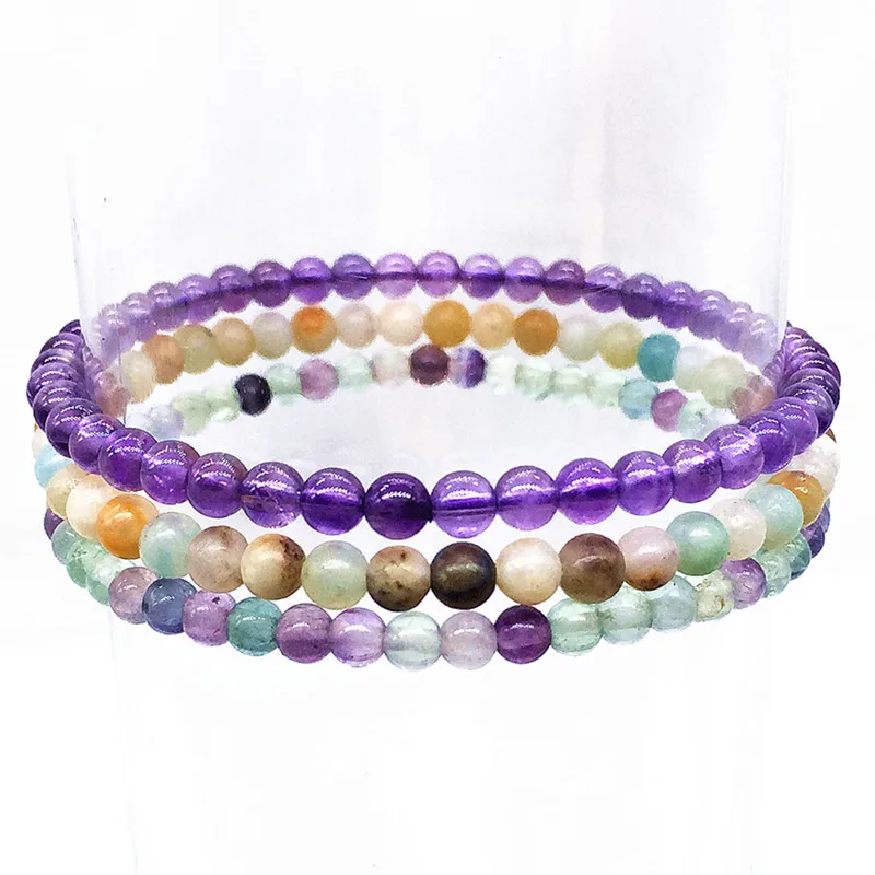 

3 PCS /Set Women Men Bracelet Sets 4 mm Natural Stone Beads Amethysts Fluorite Amazonite Yoga Bangle Jewelry #2